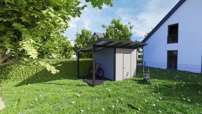 Überdachtes Gerätehaus im Garten mit abgestelltem Fahrrad